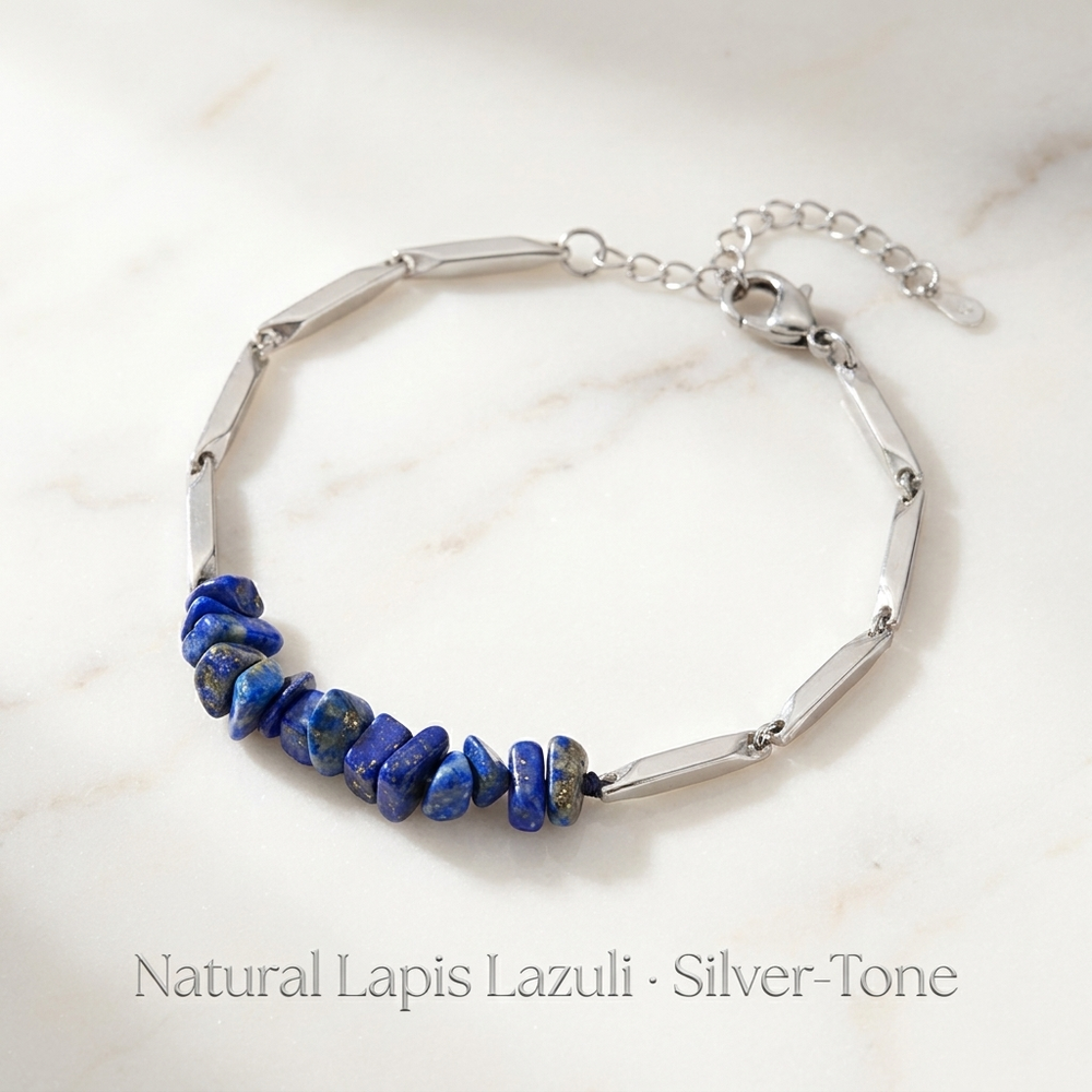 YASHVIJEWELLERY Alchemy Lapis Lazuli Crystal Silver Toned Rice Chain Bracelet
