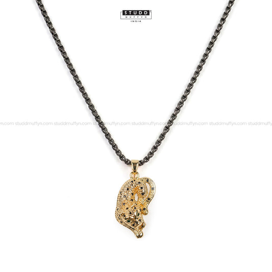 Fierce Tiger Pendant - 24k Gold Tone Plated [ Black Chain ]