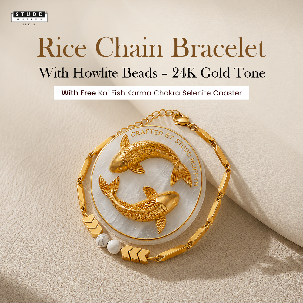 YASHVIJEWELLERY Rice Chain Bracelet with Howlite Beads – 24K Gold Tone