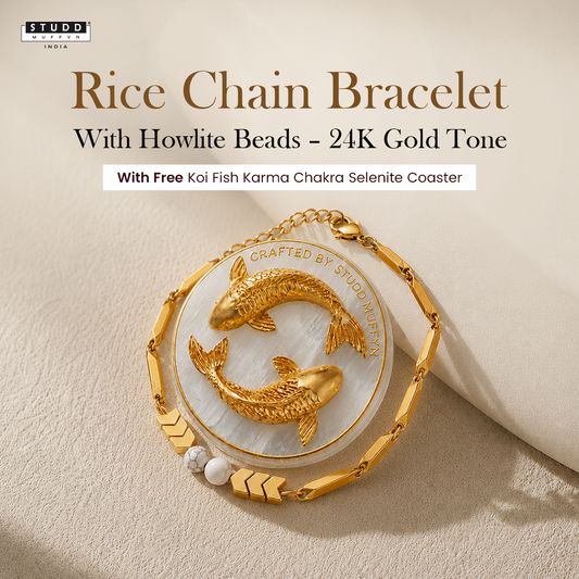 YASHVIJEWELLERY Rice Chain Bracelet with Howlite Beads – 24K Gold Tone