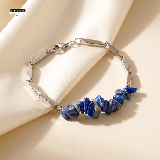 YASHVIJEWELLERY Alchemy Lapis Lazuli Crystal Silver Toned Rice Chain Bracelet