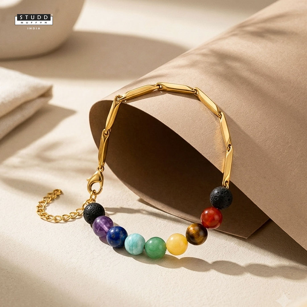 YASHVIJEWELLERY 7 Chakra 24K Gold-Toned Rice Bracelet