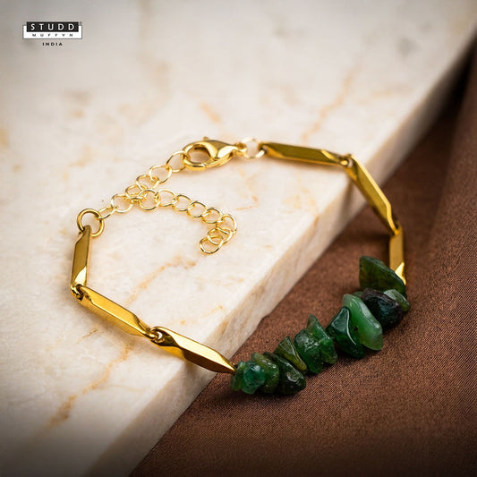YASHVIJEWELLERY Alchemy Green Aventurine Crystal Rice Chain Bracelet — 24K Gold Tone