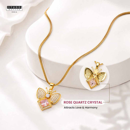 FreeFlow Butterfly Crystal Pendant - 24K Gold Plated [ With Velore Snake Chain]