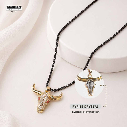 Guardian Bull Pendant - 24k Gold Tone Plated [ Black Chain ]