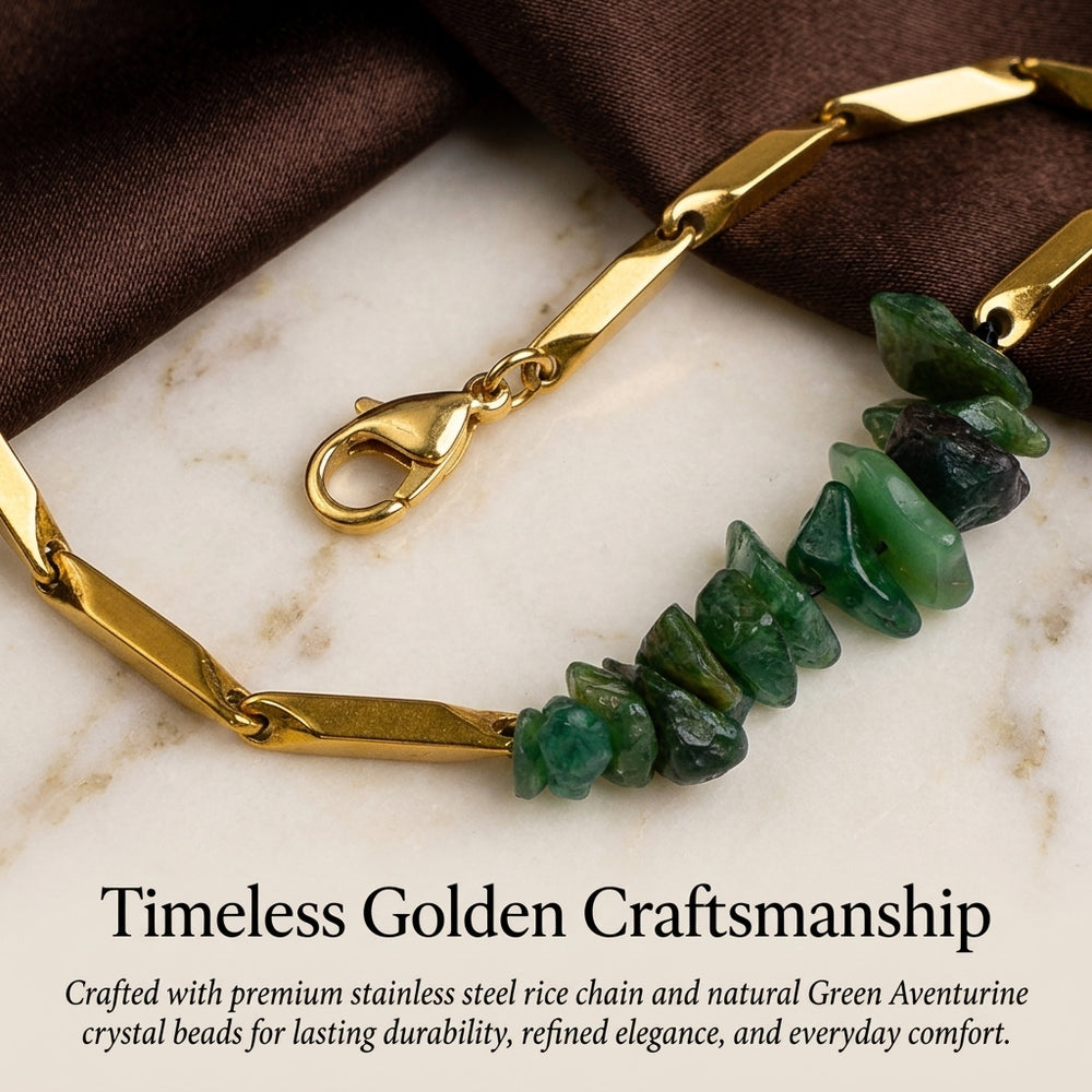 YASHVIJEWELLERY Alchemy Green Aventurine Crystal Rice Chain Bracelet — 24K Gold Tone