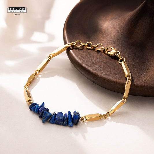 YASHVIJEWELLERY Lapis Lazuli Crystal Rice Chain Bracelet — 24K Gold Tone