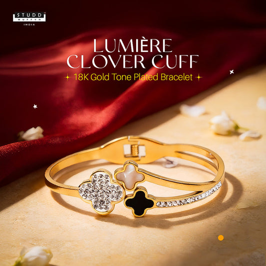 YASHVIJEWELLERY Lumière Clover Cuff - 18K Gold Tone Plated Bracelet