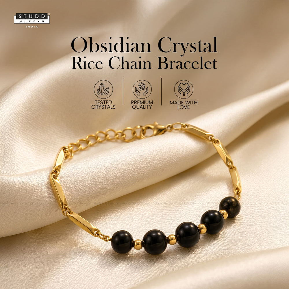 YASHVIJEWELLERY Obsidian Crystal 24K Gold-Toned Rice Chain Bracelet