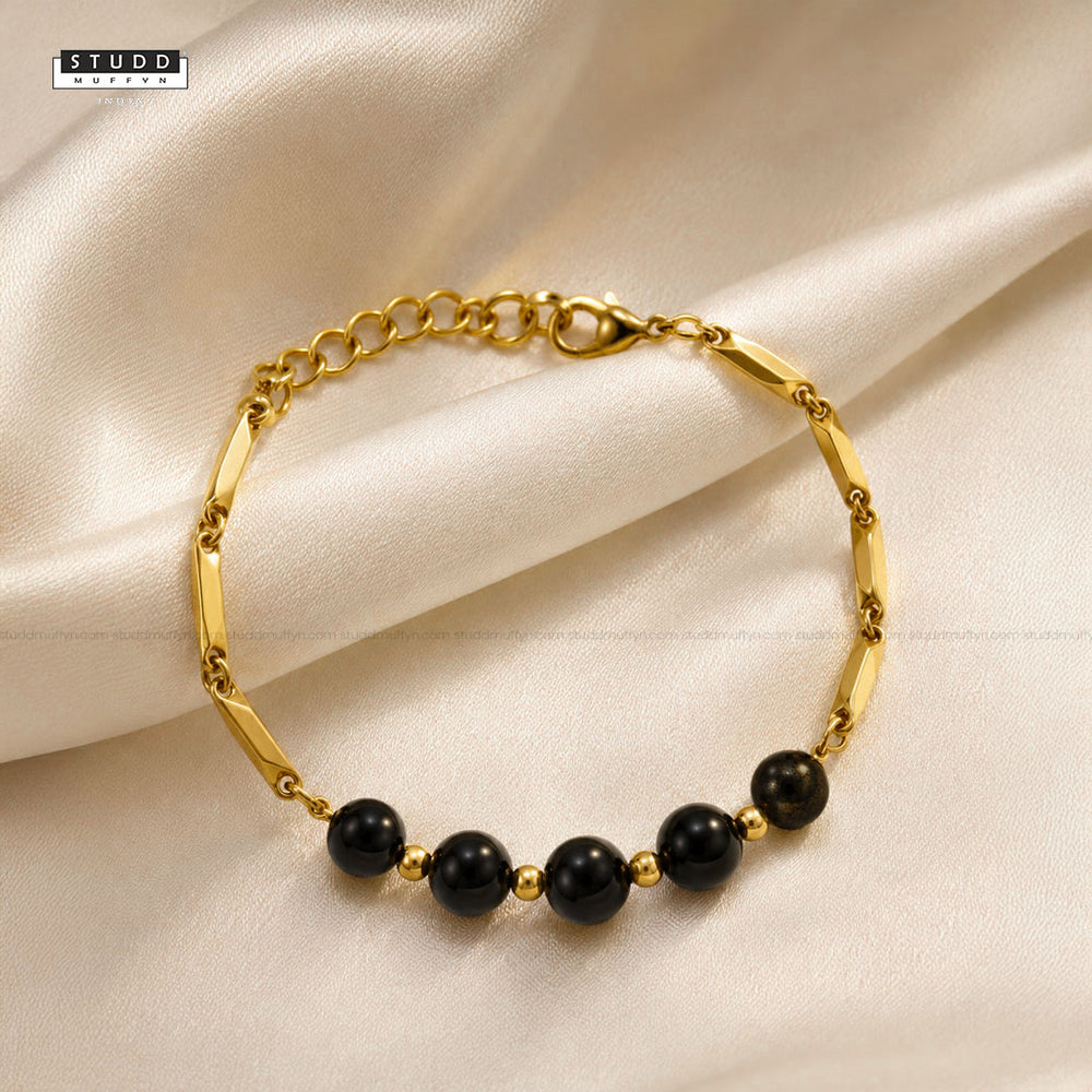 YASHVIJEWELLERY Obsidian Crystal 24K Gold-Toned Rice Chain Bracelet