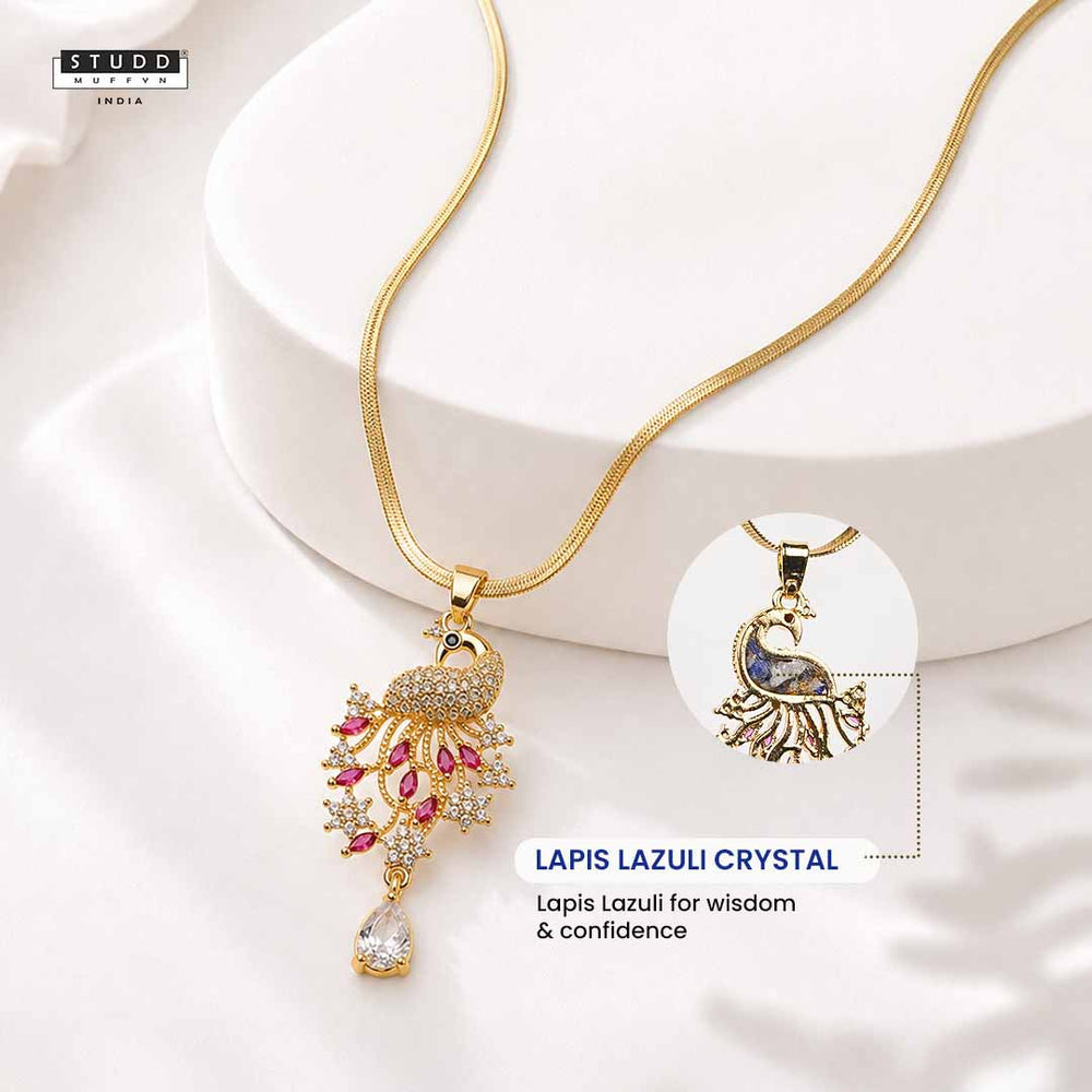 Peacock of Prosperity Crystal Pendant - 24K Gold Toned