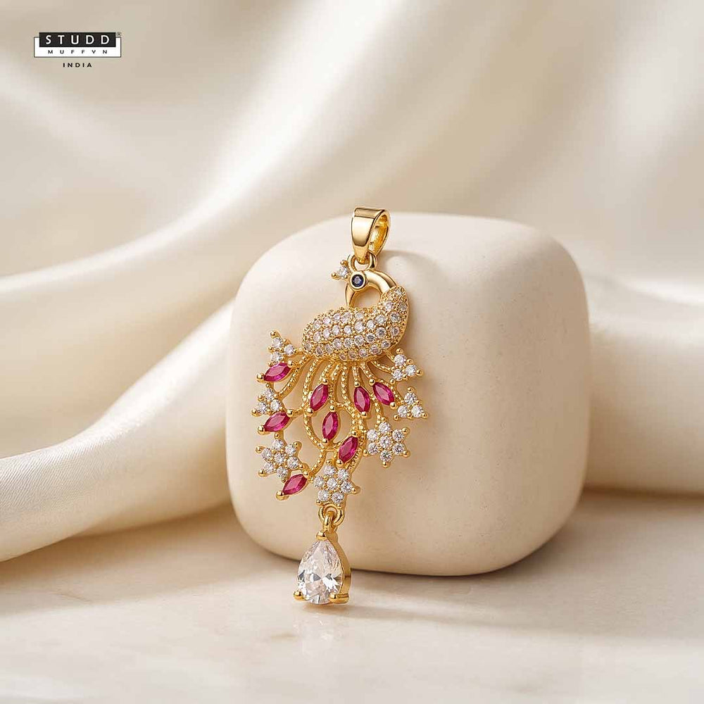 Peacock of Prosperity Crystal Pendant - 24K Gold Toned