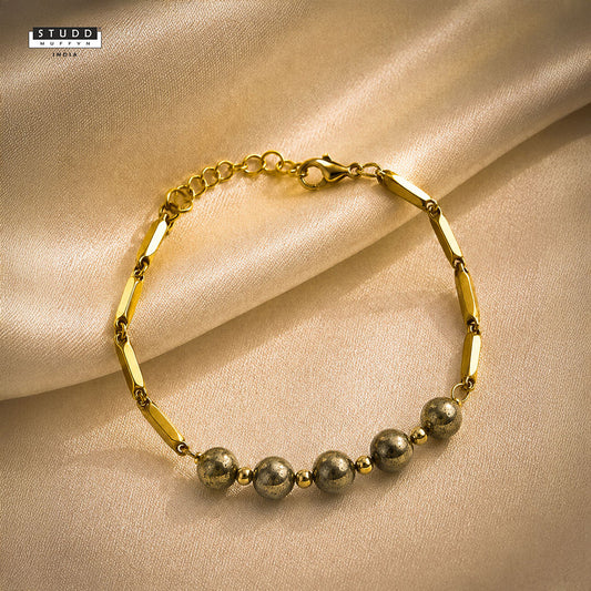 YASHVIJEWELLERY Pyrite Crystal 24K Gold-Toned Rice Chain Bracelet