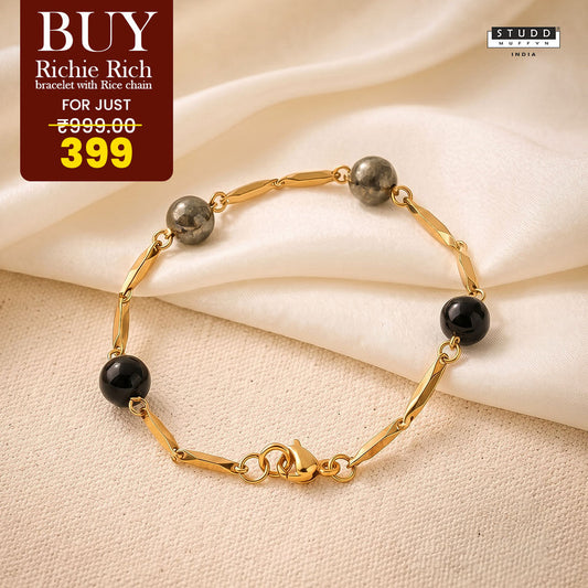 YASHVIJEWELLERY Richie Rich Beaded Rice 24K Gold-Toned Chain Bracelet