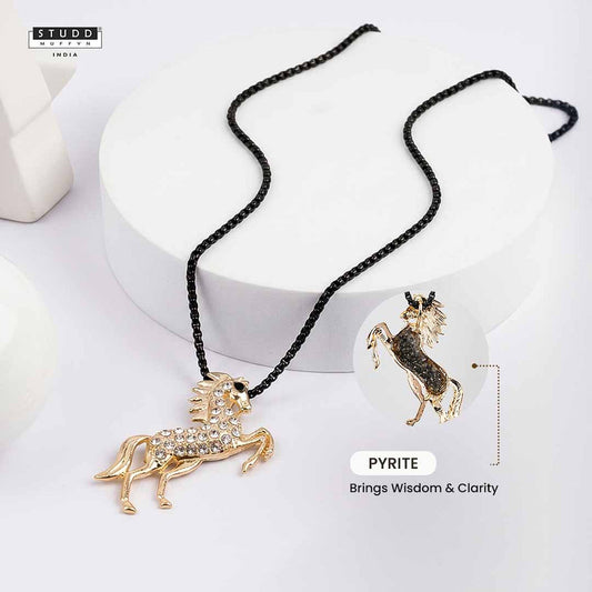 Spirit of Stallion Pyrite Pendant - 24K Gold Plated [ With Black Boxer Chain]