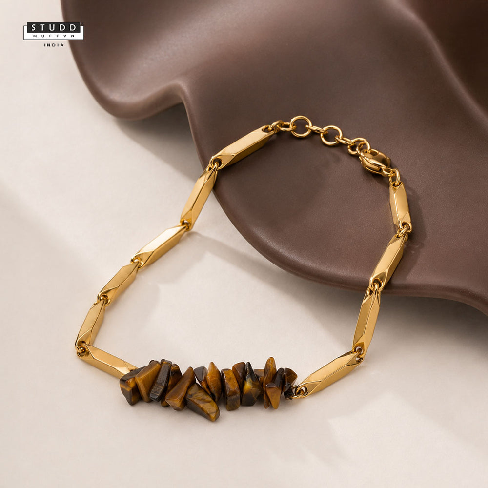 YASHVIJEWELLERY Tiger Eye Crystal Gold Toned Rice Chain Bracelet