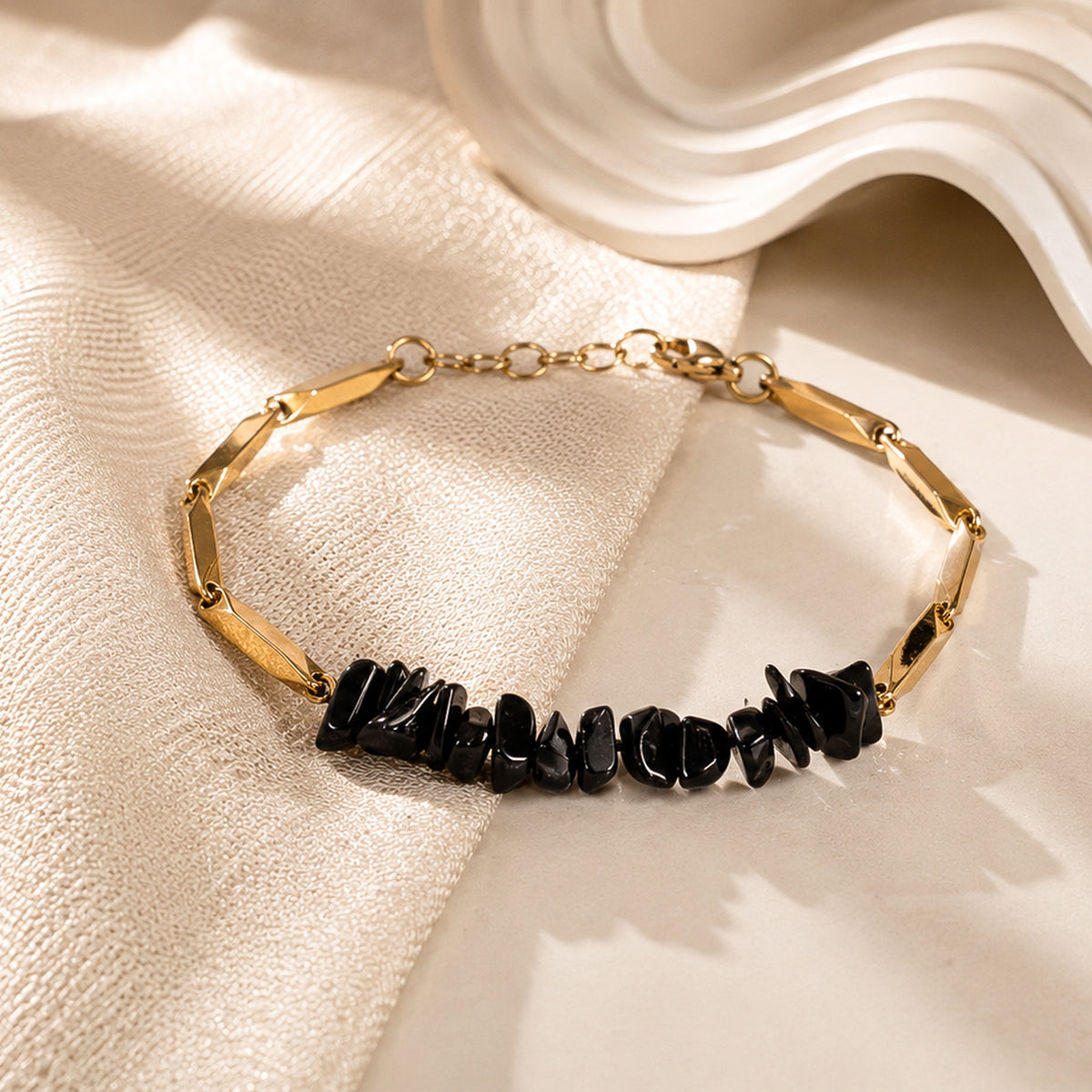 YASHVIJEWELLERY ALCHEMY OBSIDIAN 24k Gold Tone Rice Bracelet 3mm