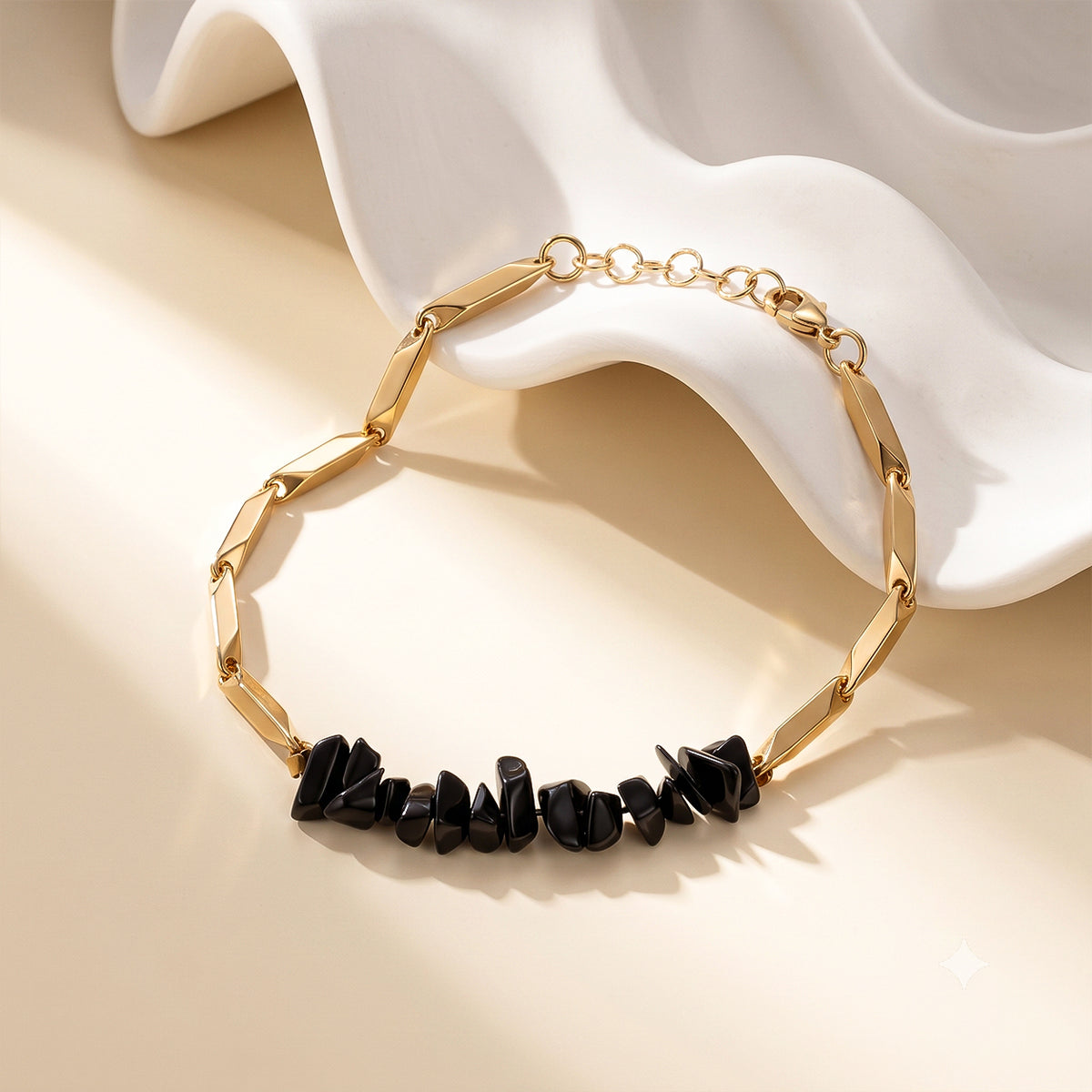 YASHVIJEWELLERY ALCHEMY OBSIDIAN 24k Gold Tone Rice Bracelet 3mm