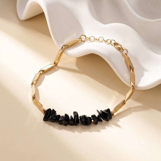 YASHVIJEWELLERY ALCHEMY OBSIDIAN 24k Gold Tone Rice Bracelet 3mm
