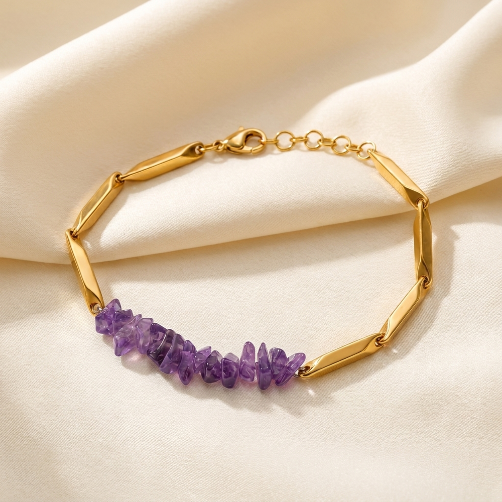 YASHVIJEWELLERY Amethyst Crystal Rice Chain Bracelet — 24K Gold Tone