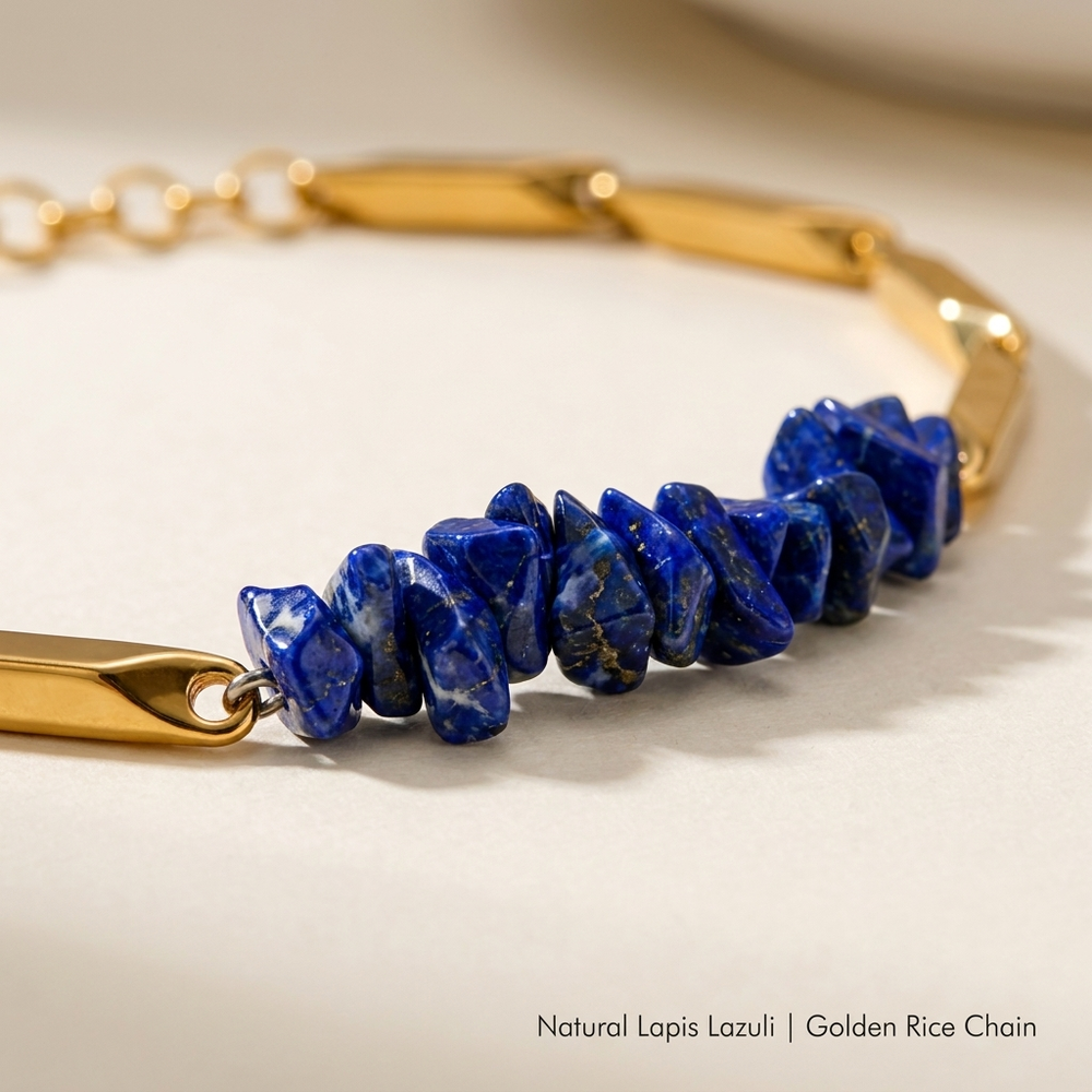 YASHVIJEWELLERY Lapis Lazuli Crystal Rice Chain Bracelet — 24K Gold Tone