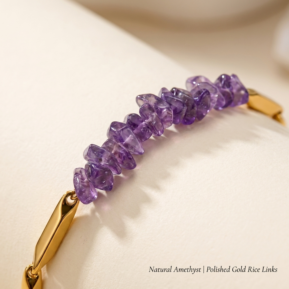 YASHVIJEWELLERY Amethyst Crystal Rice Chain Bracelet — 24K Gold Tone