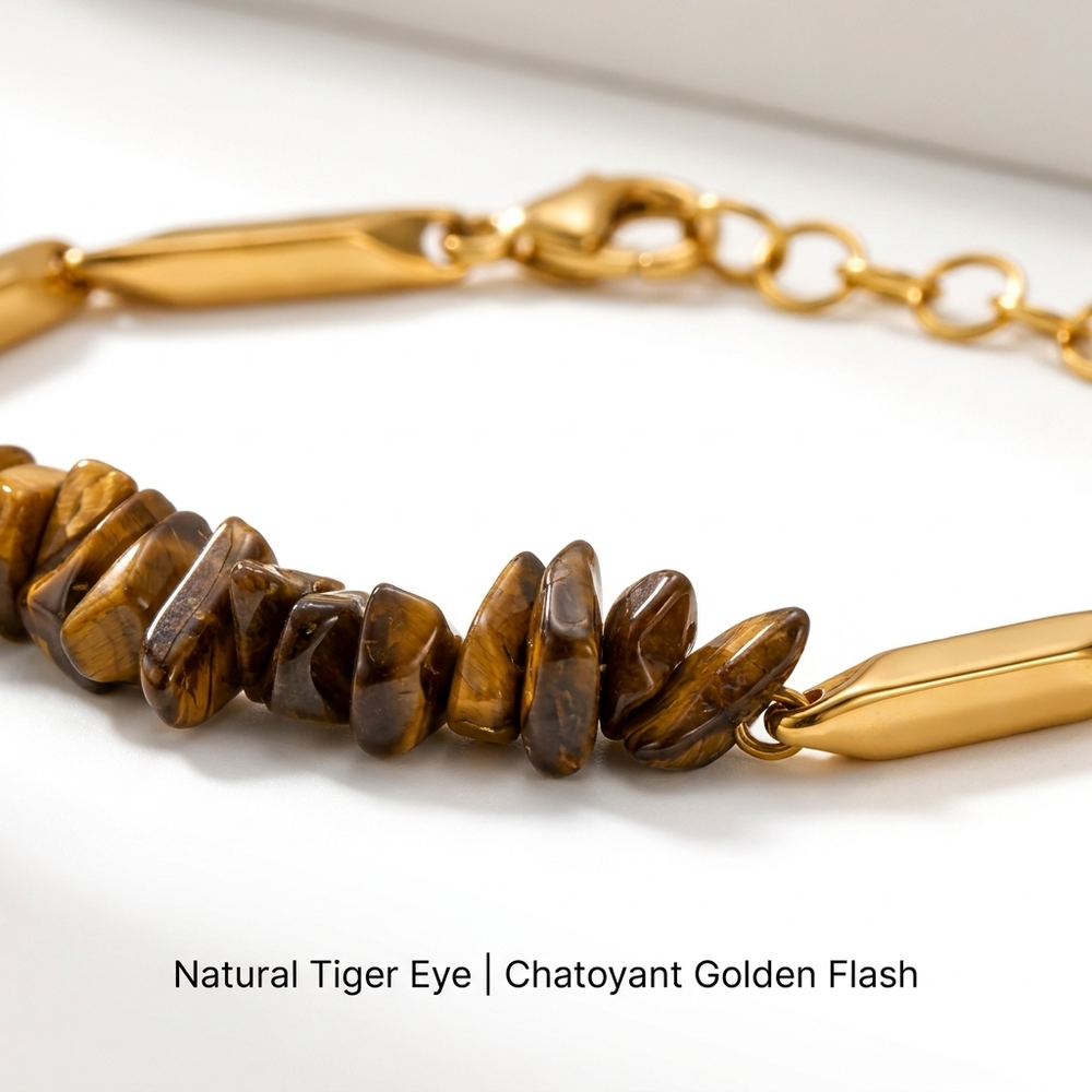 YASHVIJEWELLERY Tiger Eye Crystal Gold Toned Rice Chain Bracelet
